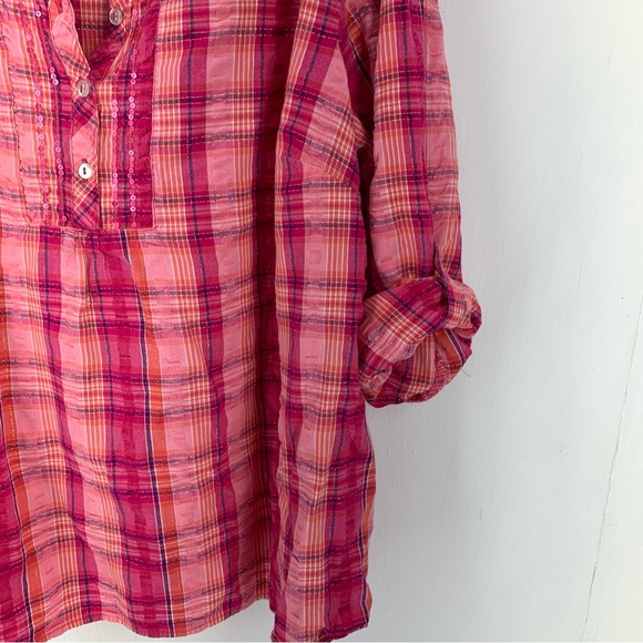 Catherine’s Womens 3X Popover Blouse Top Pink Plaid Roll Tab Sleeves Sequins - Picture 3 of 9